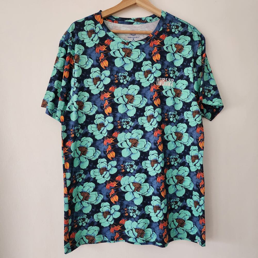 NEW Hurley all over flower print Hawaiian T-shirt short sleeve blue mens size M